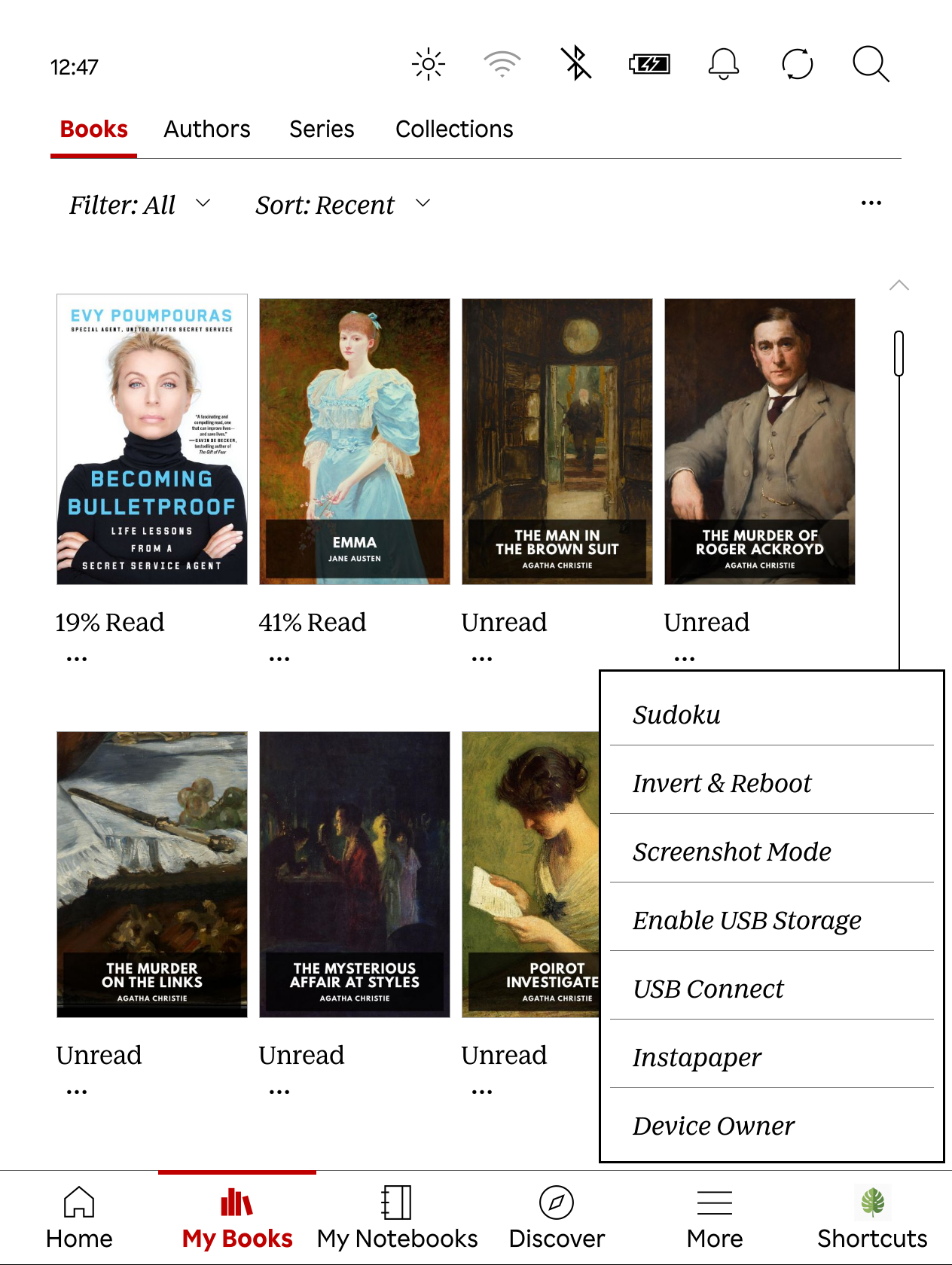 Kobo Libra Colour homepage showing a custom menu