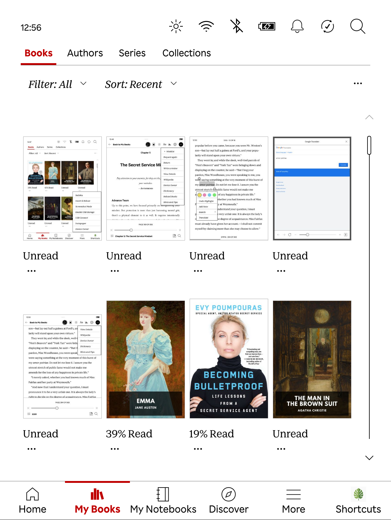 Kobo Libra Colour homepage showing screenshots among the book covers