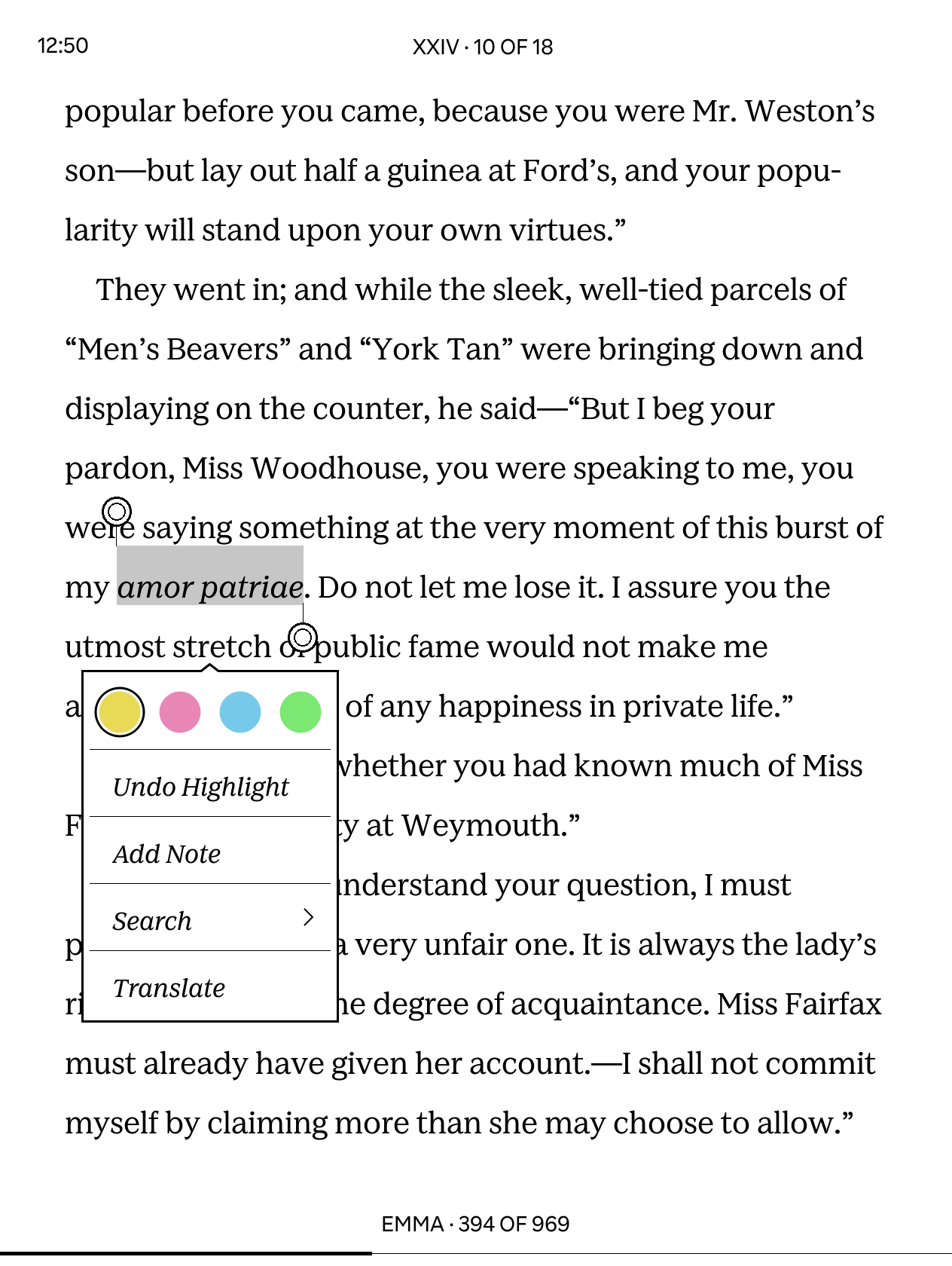 ebook of Emma by Jane Austen, showing the words 'amor patriae' highlighted and the Kobo selection menu appearing